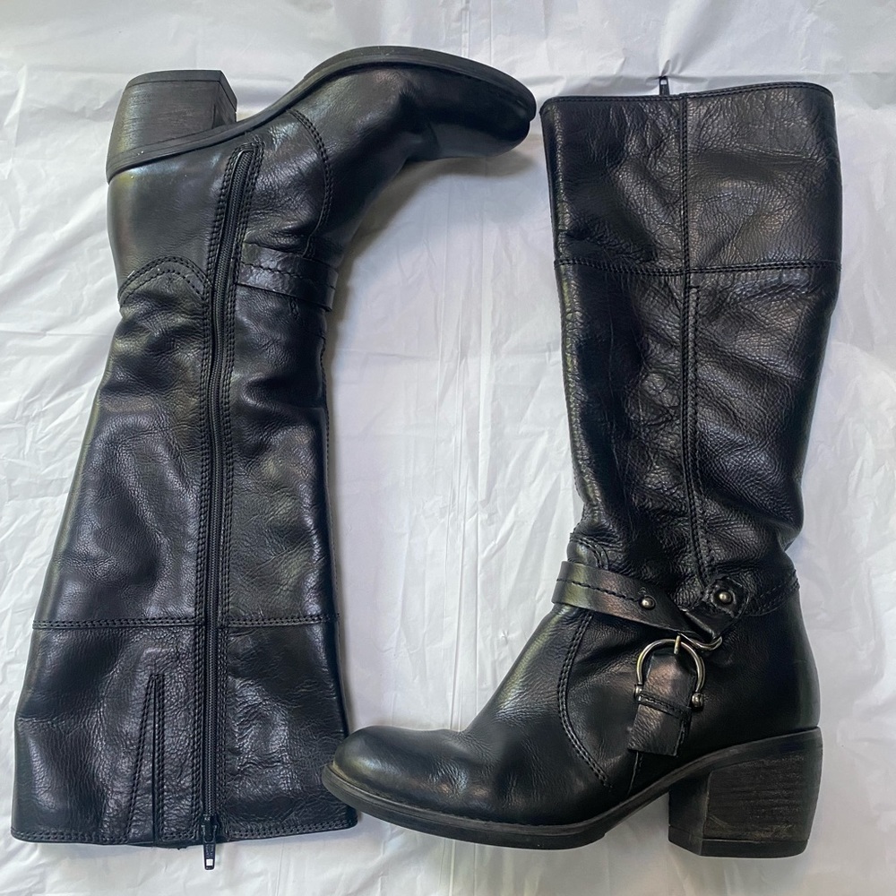 Clarks Mascarpone Moto Leather Knee Length Booties Buckle Stacked Wooden Heel